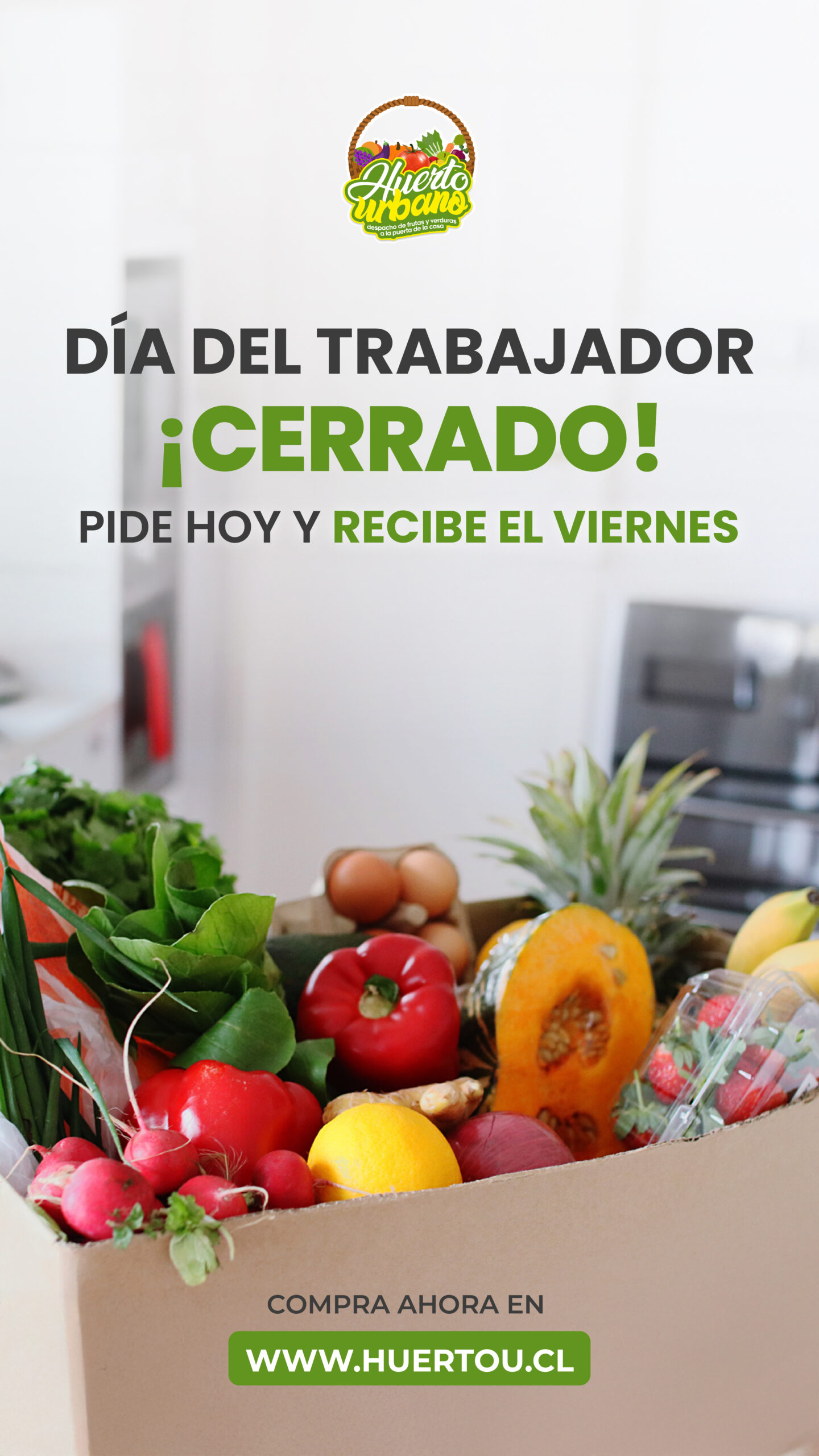 Banner del Día del Trabajador de Huerto Urbano con mensaje informativo sobre la suspensión de despachos el 1 de mayo.