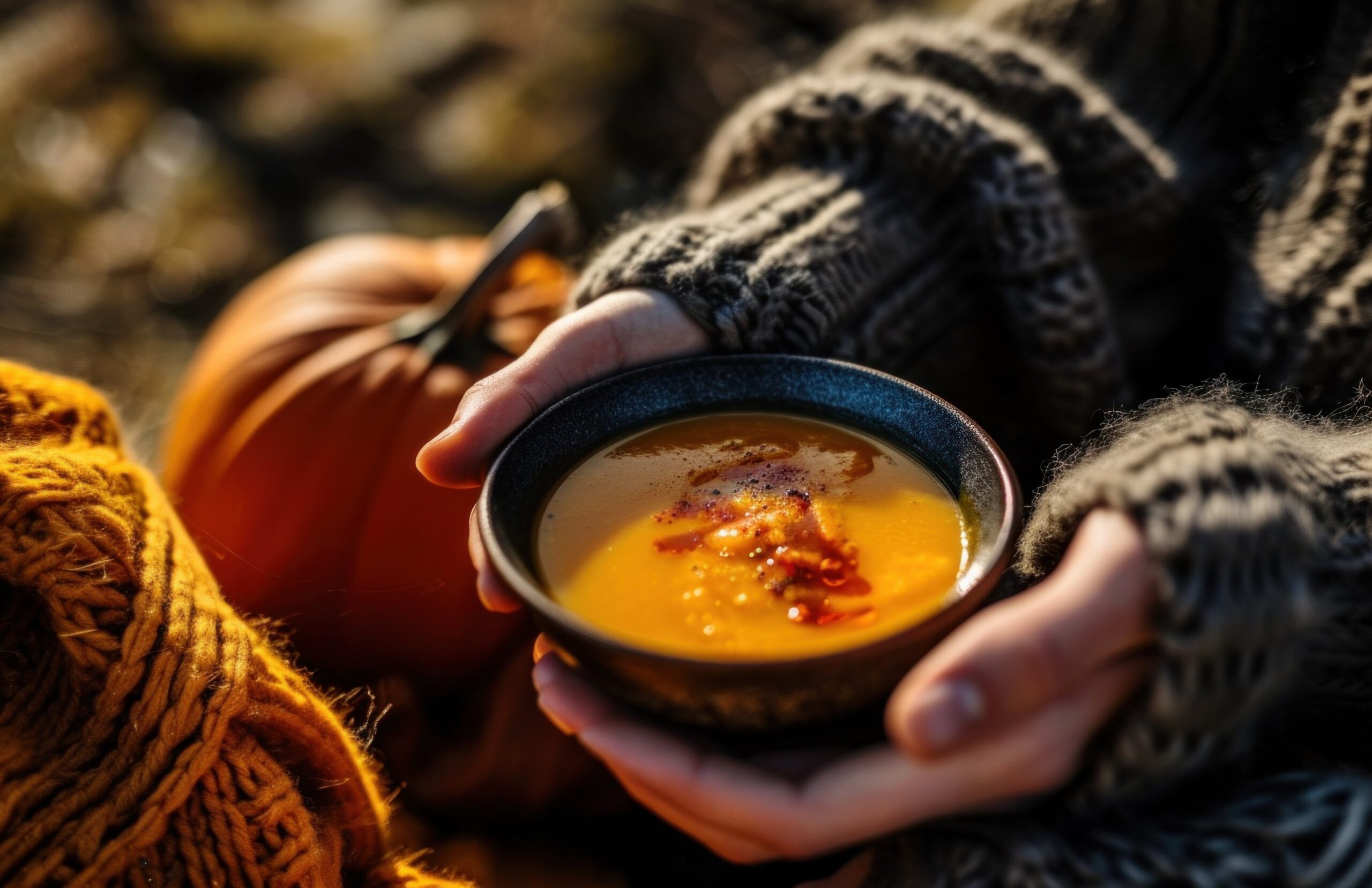 Plato de comida otoñal con ingredientes de temporada como zapallo, zanahoria y legumbres, servido en un bowl rústico.